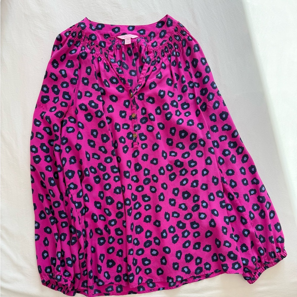 Lilly Pulitzer Elsa Silk Top Fuchsia and Black Patterned Top | sz Medium